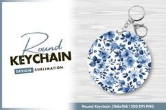 Blue floral pattern on white background round keychain Product Image 1