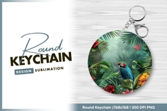 Parrot in lush tropical foliage and flowers round keychain Product Image 1
