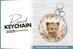 Watercolor bear with floral round keychain png Product Image 1