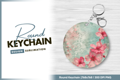 Pink cherry blossoms on turquoise grunge round keychain png Product Image 1