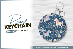 Unicorns and flowers on dark blue backdrop Round Keychain Product Image 1