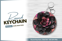 Glossy pink and black flower artwork round keychain png Product Image 1