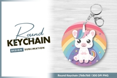 Cute unicorn with rainbow cartoon round keychain png Product Image 1