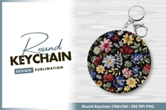 Colorful floral embroidery on black round keychain png Product Image 1