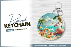 Tropical cartoon beach illustration round keychain png Product Image 1