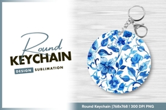 Blue floral watercolor circle round keychain png Product Image 1