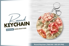 Floral peonies illustration vintage round keychain png Product Image 1