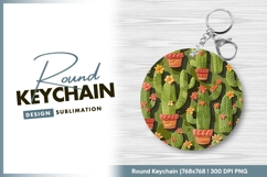 Cute cactus pattern with flowers round keychain png Product Image 1