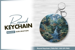 Embroidered mountain scene landscape round keychain png Product Image 1