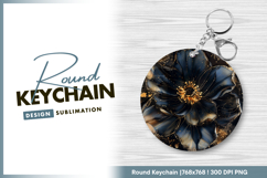 Elegant dark blue and gold flower art Round Keychain Product Image 1