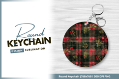 Festive plaid pattern with berries and pine Round Keychain Product Image 1