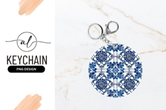 Blue and White Floral Tile Pattern on Round Keychain P N G Product Image 1