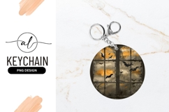 Halloween Window with Bats and Cloudy Sky in Round Keychain Product Image 1