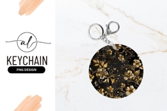 Gold Floral Pattern on Black Background Round Keychain P N G Product Image 1