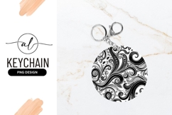 Black And White Floral Swirls Round Keychain Png Product Image 1