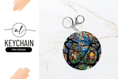 Ornate Angelic Garden Stained Glass Round Keychain Png Product Image 1