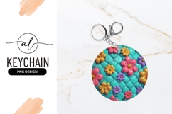 3D Flowers On Turquoise Quilted Background Round Keychain Product Image 1