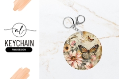 Round keychain with vintage butterfly and floral design Product Image 1