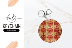 Red Damask Pattern On Beige Round Keychain Png Product Image 1