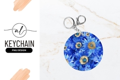 Blue Sunflower Watercolor Pattern Round Keychain Png Product Image 1