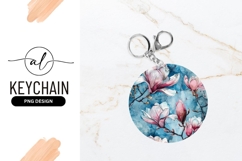 Watercolor Magnolia Flowers On Blue Round Keychain Product Image 1