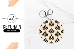 Black Damask Pattern On Beige Round Keychain Product Image 1