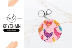 Colorful Rooster Pattern on Pink Background Round Keychain Product Image 1