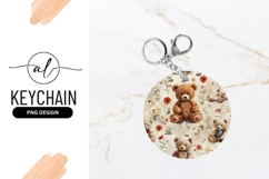 Brown Teddy Bears and Floral Pattern on Round Keychain Png Product Image 1