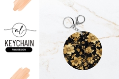 Golden Floral Pattern on Black Background Round Keychain Png Product Image 1