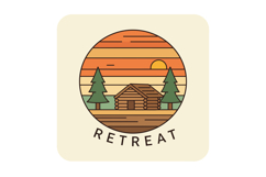 Cabin retreat logo design with pine trees and sunset backgro Product Image 1