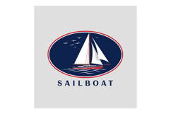 Sailboat logo design with navy blue and white sails on ocean Product Image 1