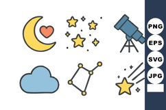 Astronomy vector icons with crescent moon heart stars cloud Product Image 1