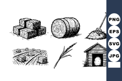 Hay bales and farm tools sketch set with barn and rural agri Product Image 1