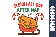 Cute orange cat sleeping on a red sleigh with candy canes an Product Image 1