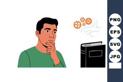 Thoughtful man pondering ideas with book and orange gears co Product Image 1