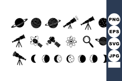 Space and astronomy icons with planets, telescopes, moon pha Product Image 1
