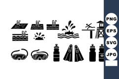Swimming pool and diving board icons with snorkeling gear an Product Image 1