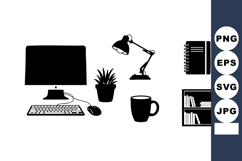 Office desk setup with computer lamp notebook coffee plant a Product Image 1
