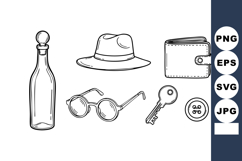 Vintage style bottle hat wallet glasses key and button hand Product Image 1