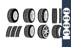 Car tires set vector showing different tread patterns and an Product Image 1