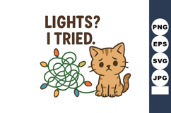 Cute cat tangled in colorful Christmas lights with humorous Product Image 1