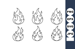 Fire flame icons set with six black line art designs for vec Product Image 1