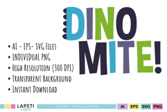 Dino Mite typography design in blue, green and purple lettering for kids crafts.