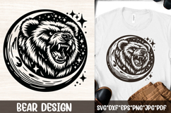 Celestial roaring bear moon SVG featuring a fierce grizzly head framed by a textured crescent-style moon, sparkling stars, and cosmic dots, perfect for camping and hiking shirts, tattoos, stickers, posters, gym wear, Cricut and Silhouette crafts