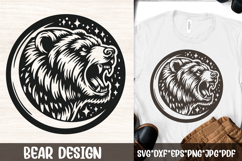 Celestial grizzly profile moon SVG showing a roaring bear head in side view framed by a crescent-style moon and starry sky, perfect for camping and hiking shirts, tattoos, decals, posters, lodge decor, Cricut and Silhouette crafts