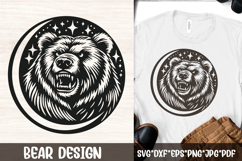 Celestial grizzly moon SVG showing a roaring bear head framed by a crescent-style moon and starry night sky, perfect for camping and hiking shirts, tattoos, stickers, posters, lodge decor, Cricut and Silhouette crafts