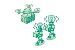 Isometric delivery robots and a drone carrying packages with Product Image 1