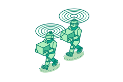 Isometric two robots carrying boxes with wireless signals. Product Image 1