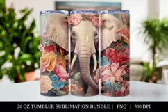 20 oz Floral Elephant Skinny Tumbler Sublimation Design PNG Product Image 1