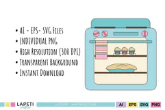 Retro oven illustration with cupcakes and pie in soft pastel colors